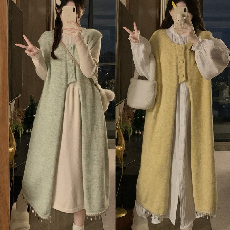 实拍大码秋冬新款胖MM流苏针织马甲裙+半高领毛衣连衣裙两件套