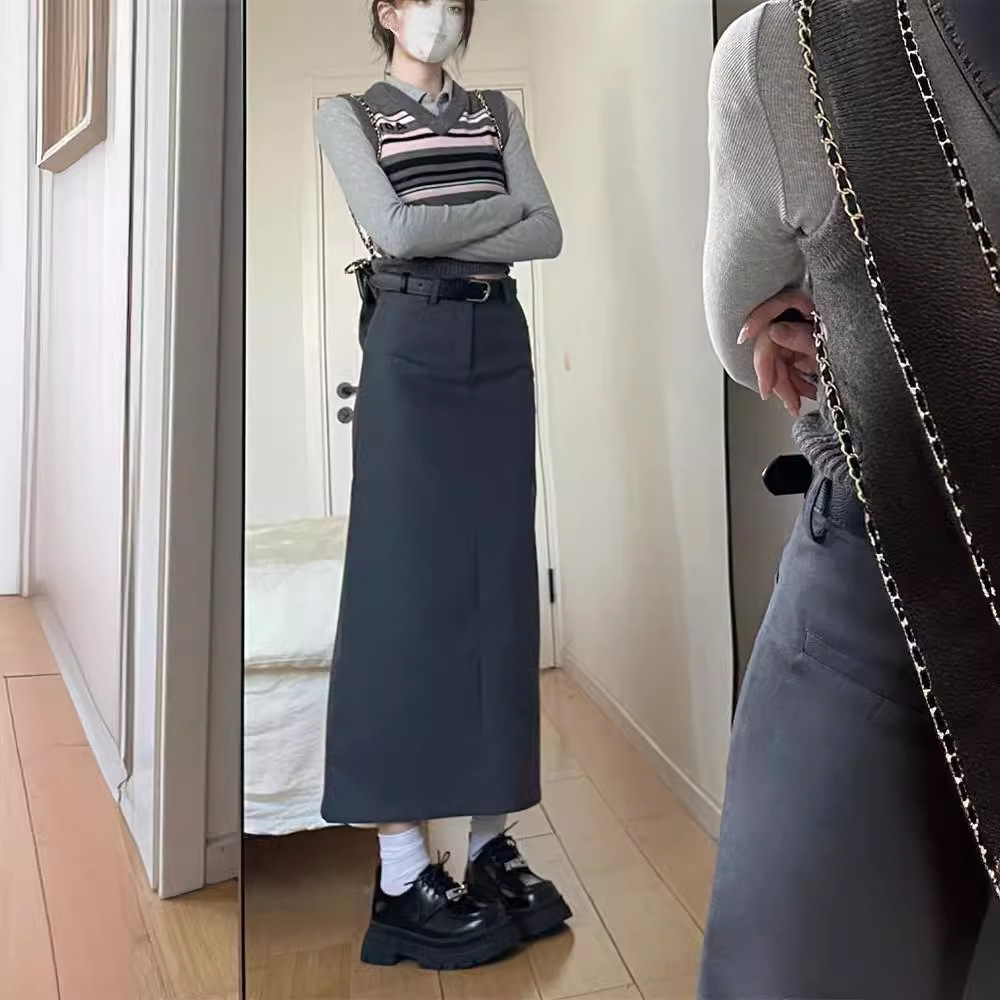 大码胖mm灰色半身裙女2024新款高腰西装裙宽松显瘦中长a字裙