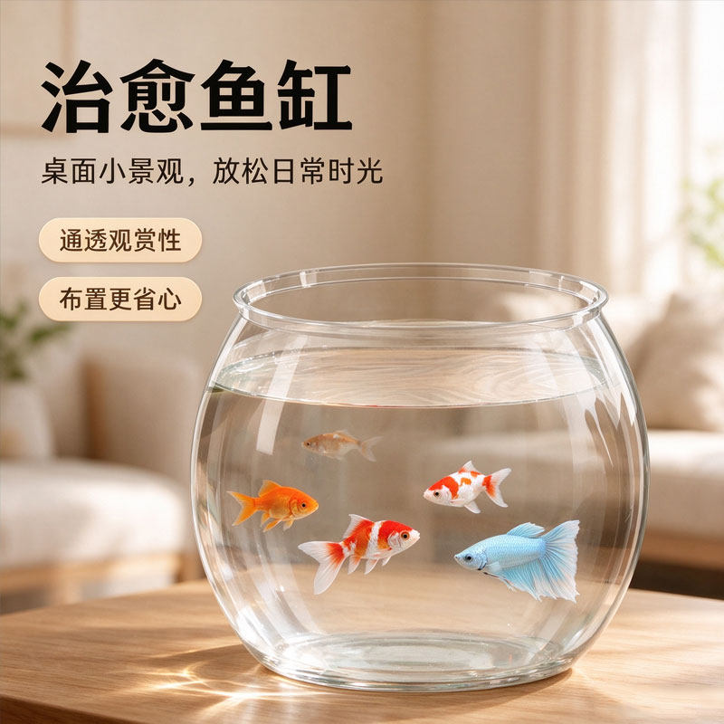 冠之亚透明仿玻璃鱼缸小型桌面家用办公室金鱼小鱼圆形亚克力水缸