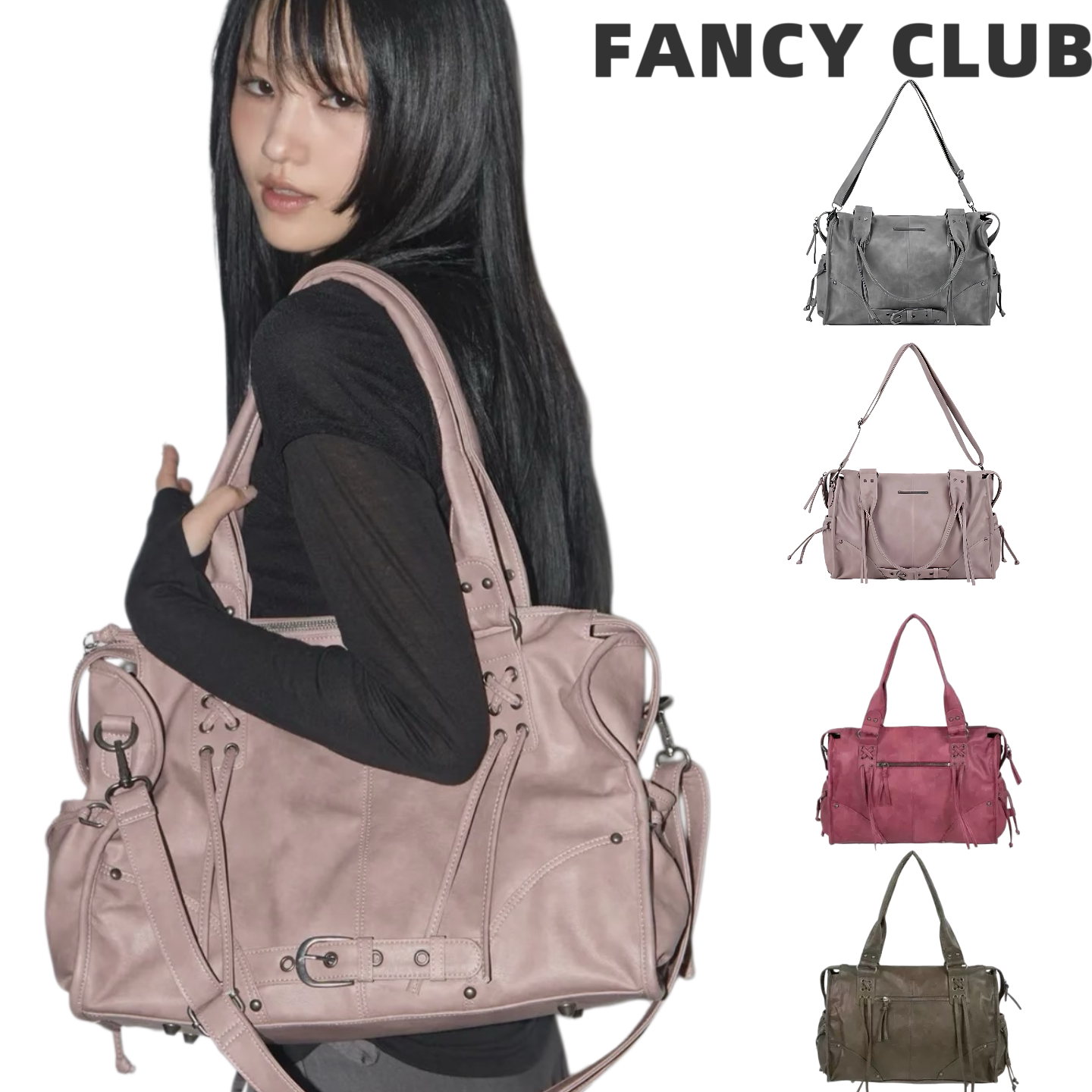 韩国FANCY CLUB托特包机车包绑带大容量雪允同款单肩手提斜挎包女 - 实物图