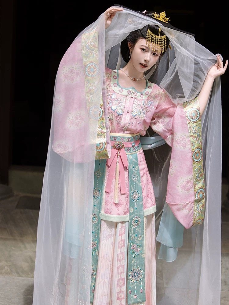 【椒花颂声】唐风双子汉服上衣印花半裙飘片围裳披帛四件套