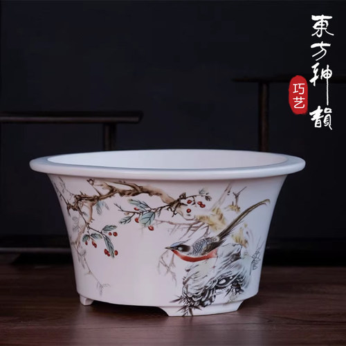 紫砂花盆圆形水墨烤画中国风
