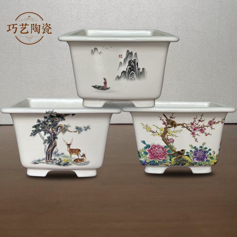 宜兴精品紫砂花盆四方形中国风彩绘贴画高端大口径新款陶瓷盆景盆