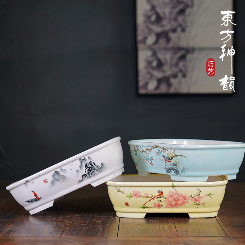 新款长方形盆景盆彩绘贴画中国风
