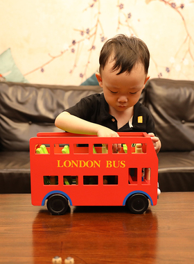 早教双层红色大巴士仿真儿童玩具车汽车模型木质公交车宝宝家用
