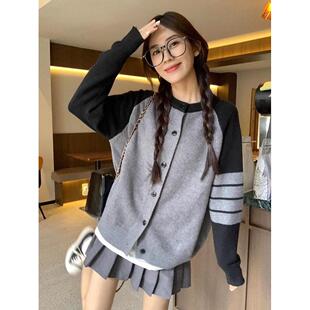 撞色开衫 韩版 长袖 女早秋新款 外套休闲上衣 宽松百搭显瘦针织衫