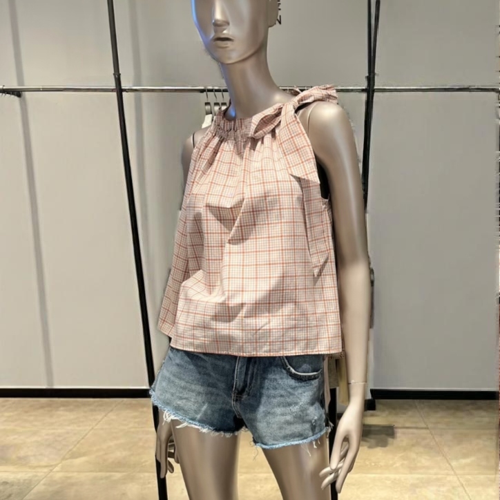 VM NY NB UR2025秋甜美减龄格纹系带挂脖无袖背心衬衫上衣女