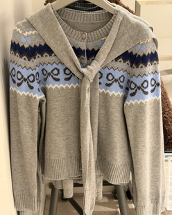 VM NY NB UR2025冬学院风假两件费尔岛蝴蝶结提花绑带针织衫女ins