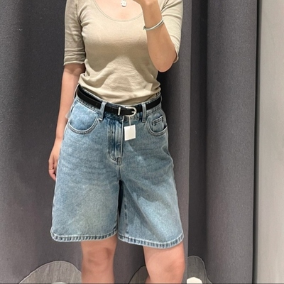 VM NY NB UR2025夏百搭休闲复古猫须水洗做旧腰带阔腿牛仔短裤ins