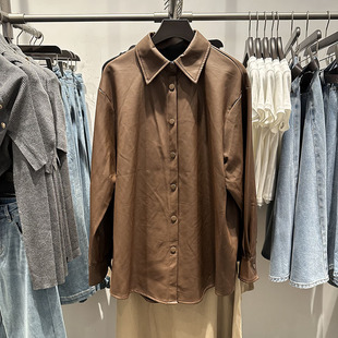 VM NY NB UR2025秋复古摩登宽松百搭翻领长袖pu皮衣衬衫外套女ins