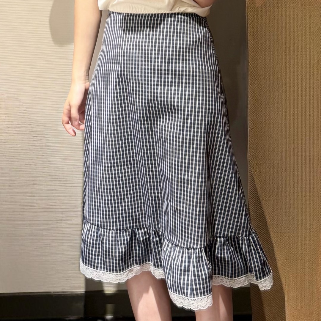 UR BMHMZA2026夏新法式复古撞色格纹拼接蕾丝花边a字半身裙长裙女