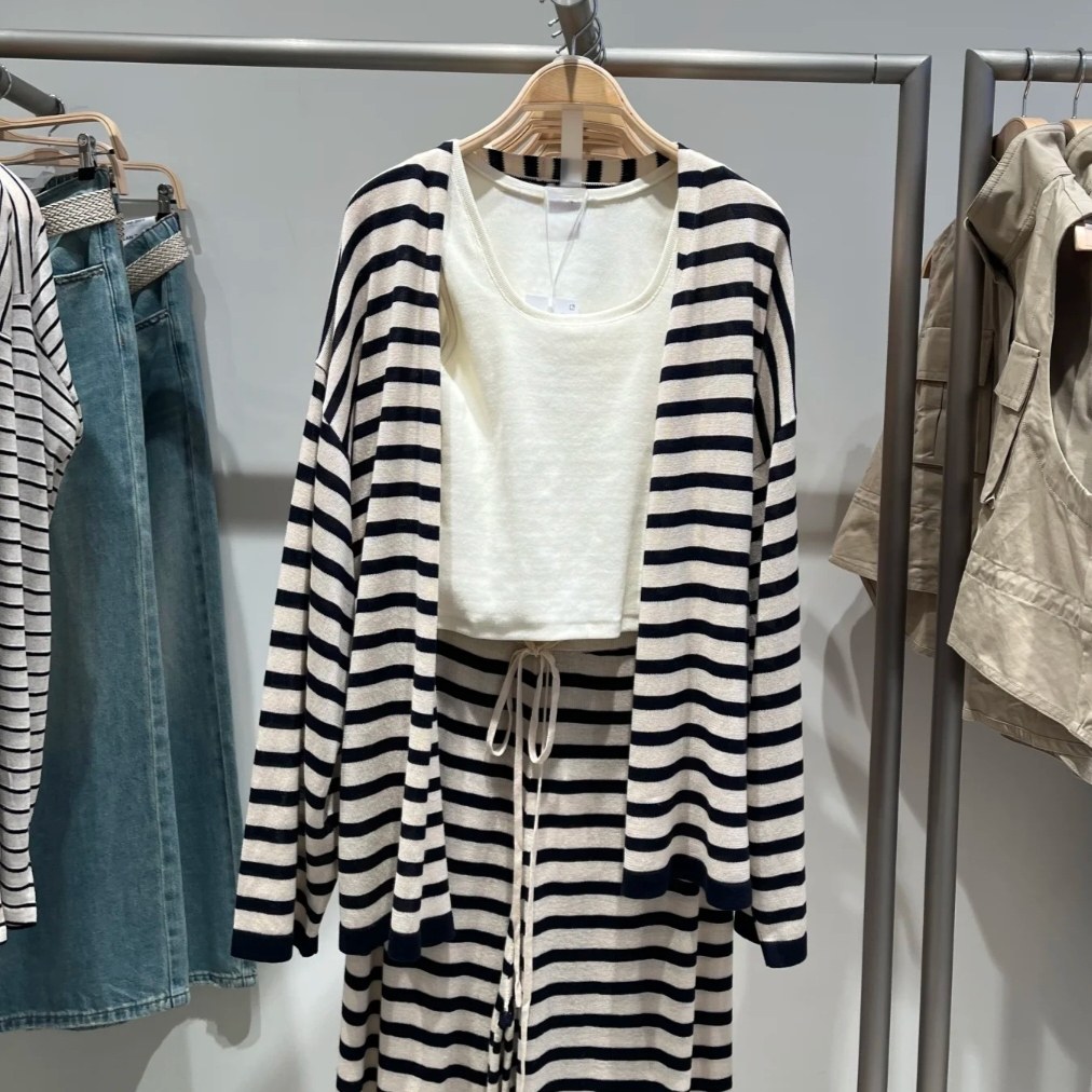 VM NY NB UR2025秋法式慵懒风撞色条纹宽松系带长袖针织开衫女ins