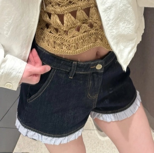 VM NY NB UR2025夏法式甜美减龄条纹花边拼接牛仔短裤阔腿裤女ins