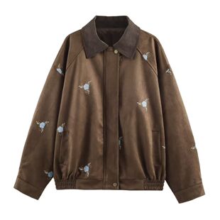 VM NY NB UR2026春气质百搭麂皮绒复古花朵刺绣翻领夹克短外套女