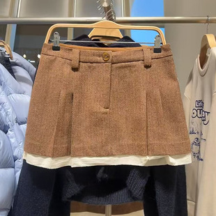 VM NY NB UR2024冬设计感百搭学院风拼接压褶A字廓形半身裙短裙女