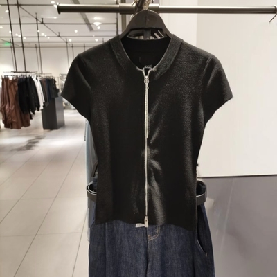 VM NY NB UR2026夏气质百搭圆领短袖双拉链修身显瘦针织开衫上衣