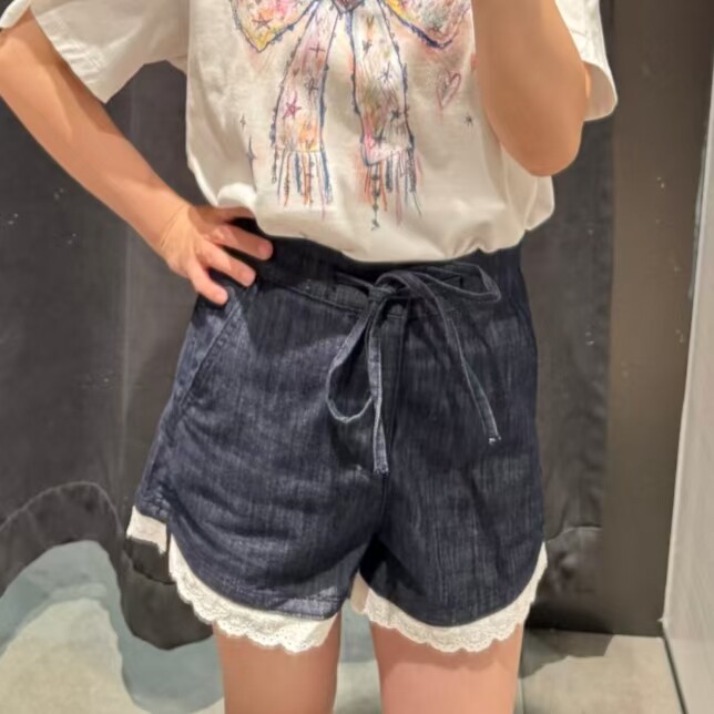 UR BMHMZA2026夏新款韩版蕾丝花边拼接休闲裤高腰系带牛仔短裤女