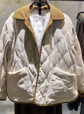 VM NY NB UR2025冬复古灯芯绒拼接翻领水波纹绗缝羽绒服外套女ins