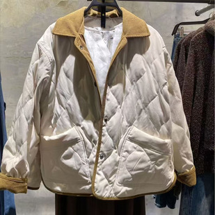 VM NY NB UR2025冬复古灯芯绒拼接翻领水波纹绗缝羽绒服外套女ins