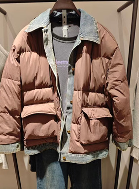 VM NY NB UR2024冬复古雅丹风牛仔拼接假两件白鸭绒保暖羽绒服女