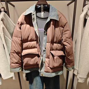 VM NY NB UR2024冬复古雅丹风牛仔拼接假两件白鸭绒保暖羽绒服女