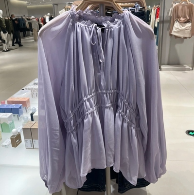 VM NY NB UR2025夏法式甜美木耳边抽褶收腰长袖罩衫衬衫女