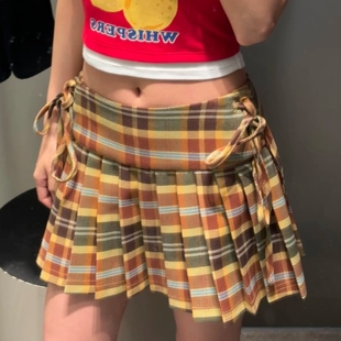 VM NY NB UR2025秋美式复古学院风格纹系带百褶a字半身短裙女ins