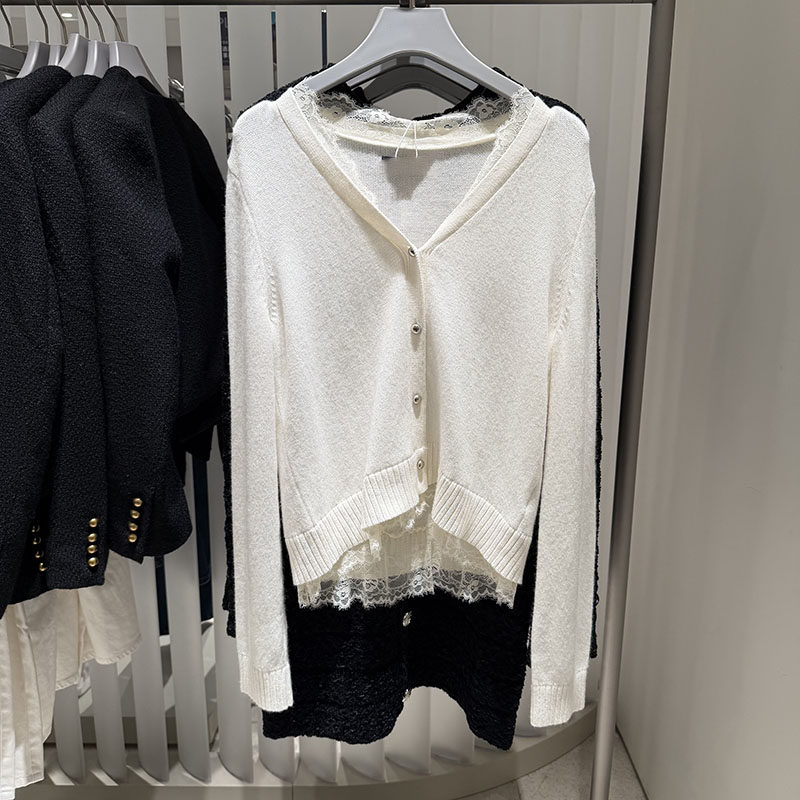 VM NY NB UR2025冬法式气质蕾丝V领针织开衫女甜美内搭上衣打底衫