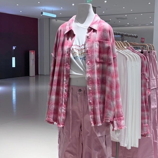 VM NY NB UR2026春法式复古格纹撞色毛边宽松开襟长袖衬衫上衣女