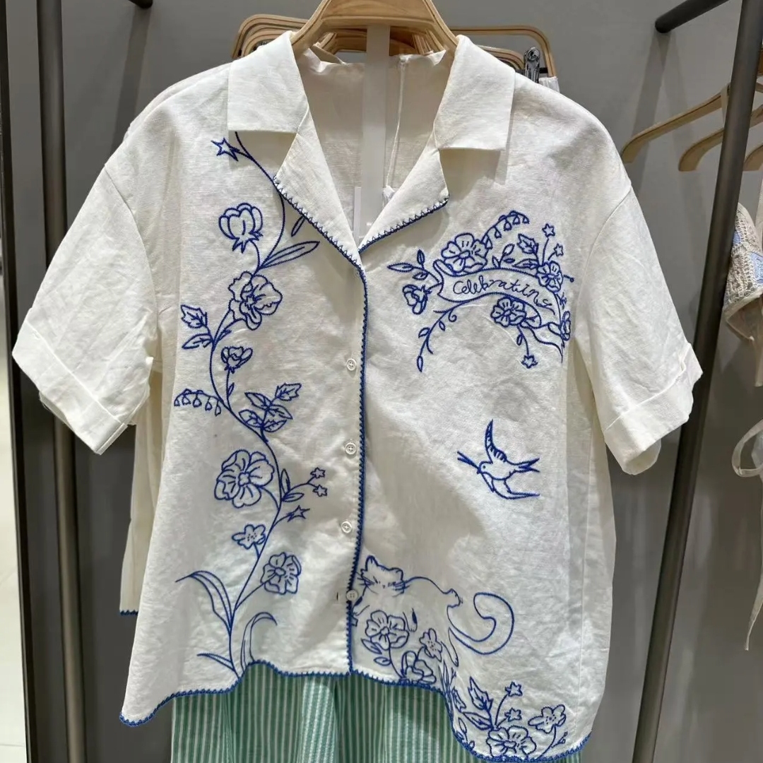VM NY NB UR2025夏甜美度假风撞色花卉刺绣宽松短袖衬衫上衣女ins