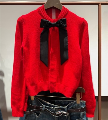 VM NY NB UR2026春甜美气质蝴蝶结系带圆领长袖针织开衫上衣女ins