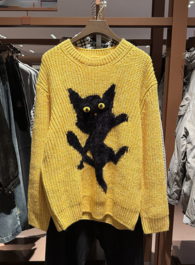 VM NY NB UR2025冬情侣同款撞色趣味萌宠猫咪图案黄色针织衫ins潮