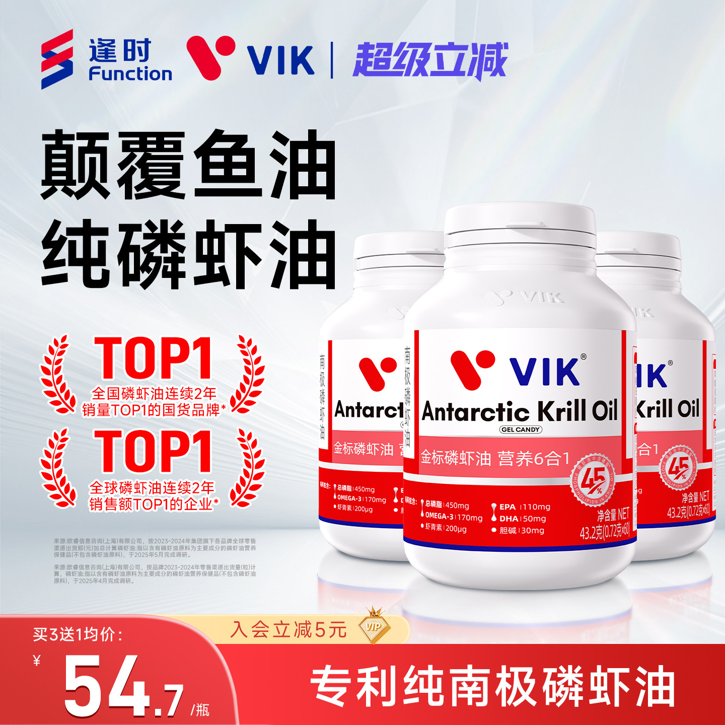 【买3送1】逢时VIK专利纯南极磷虾油45%海洋磷脂omega3官方旗舰店