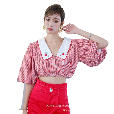 【国现】Sister Jane 木兰2R红白格纹泡泡袖短上衣心形口袋长裤