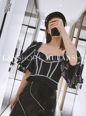 【清货折68】ACLER秋新款波点裹胸双层袖褶皱边时尚百搭半袖上衣