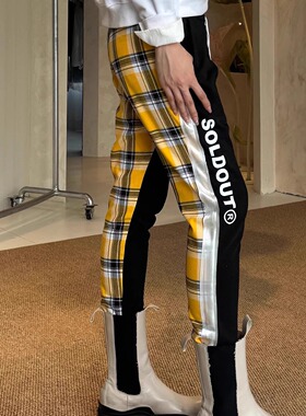 3折 意大利设计师品牌Sold out forever 黄格子拼接黑色休闲裤