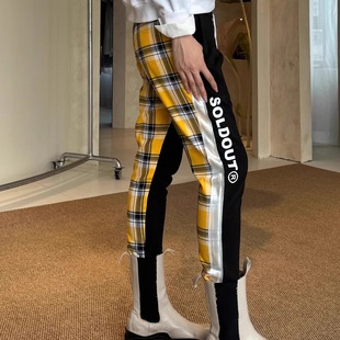 3折 意大利设计师品牌Sold out forever 黄格子拼接黑色休闲裤