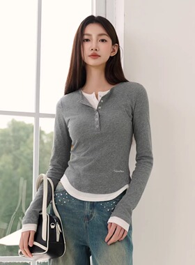 Three Quarters25SS 灰色撞色假两件休闲打底T恤金属烫片牛仔裤