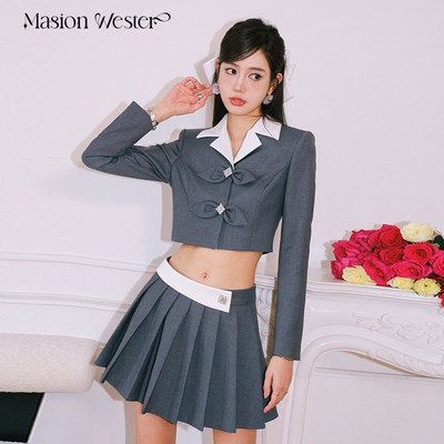 【折】MasionWester新款女装甜美风白领小耳朵灰西装百褶半裙