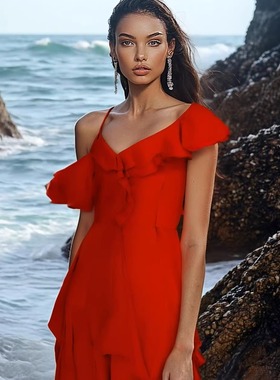 Sleep Over Sleep 25ss 红色双绉不规则荷叶边连衣长裙