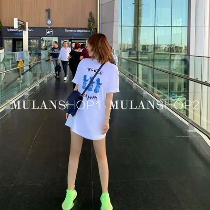 【折】SJYP 2J新款时尚圆领蓝色小恐龙涂鸦中长款T恤女