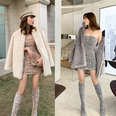 【折】Le Madeleine 人造环保貂狐皮草外套 亮片丝绒弹力抹胸裙