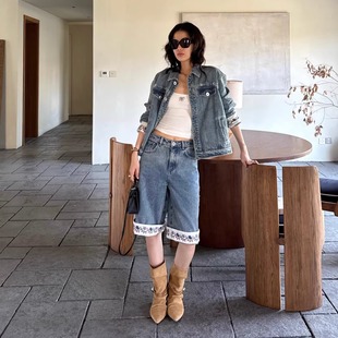 【折】ODTD25秋季新款宽松牛仔撞色花纹翻边钉珠牛仔裤