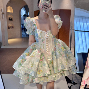 Selkie collection 25ss 杏底虎蔚蓝月季印花中长款连衣裙