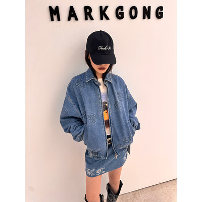 MARKGONG 26SS 蓝牛仔立体印花棒球外套 十字绣装饰牛仔半裙