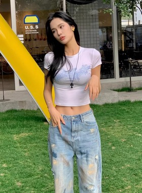 Andrea Martin 25春夏新款 烫钻logo修身短袖蓝色做旧脏脏牛仔裤