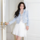 折 Masion Wester 新款 清新气质蓝色软呢针织外套高腰百褶半裙