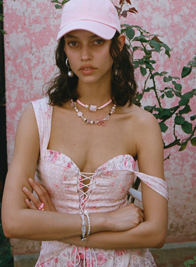 国现For Love and Lemons 2R 新款粉色印花绑带连衣裙