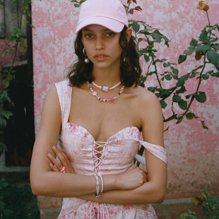 国现For Love and Lemons 2R 新款粉色印花绑带连衣裙