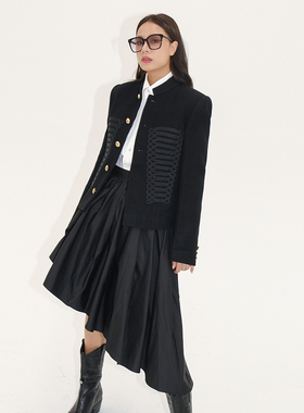 【折SM】LOST GENERAL黑色立领盘扣军风小夹克不对称百褶蓬蓬裙